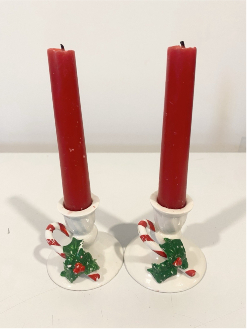 Vintage Christmas Ceramic Taper Candle Holders Candy Cane Holly Set of 2